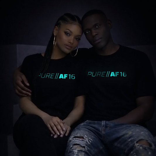 Two people wearing black t-shirts with 'PURE||AF16' blue glow printed vinyl.