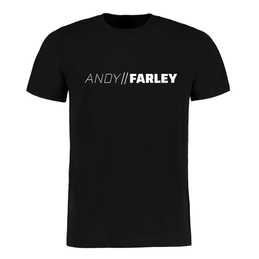 Black t-shirt with 'ANDY FARLEY' white vinyl printed logo
