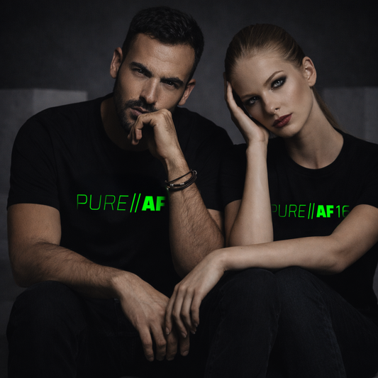 Two people wearing black t-shirts with 'PURE||AF16' green glow printed vinyl.
