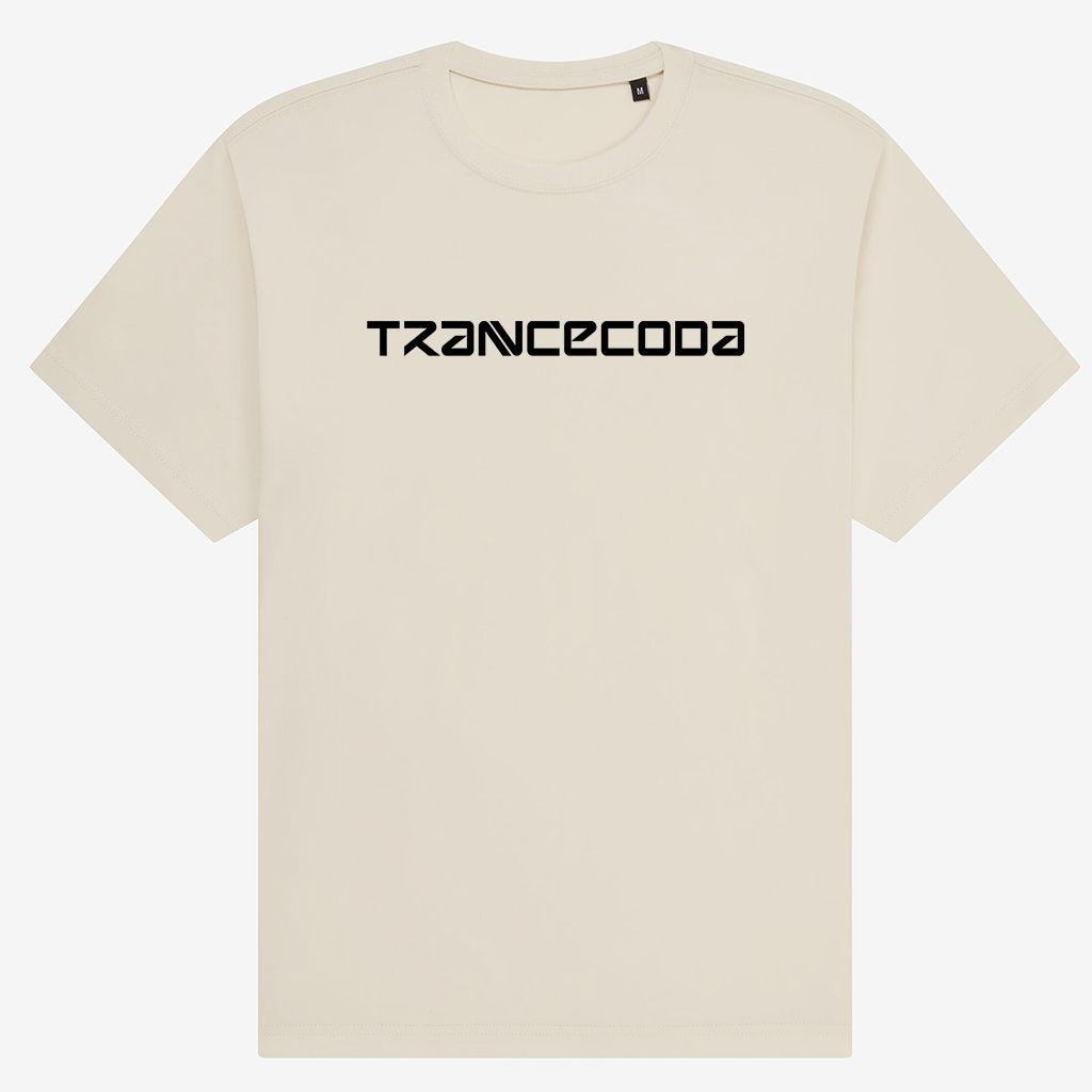 Chalk t-shirt with 'TRANCECODA' black vinyl print.