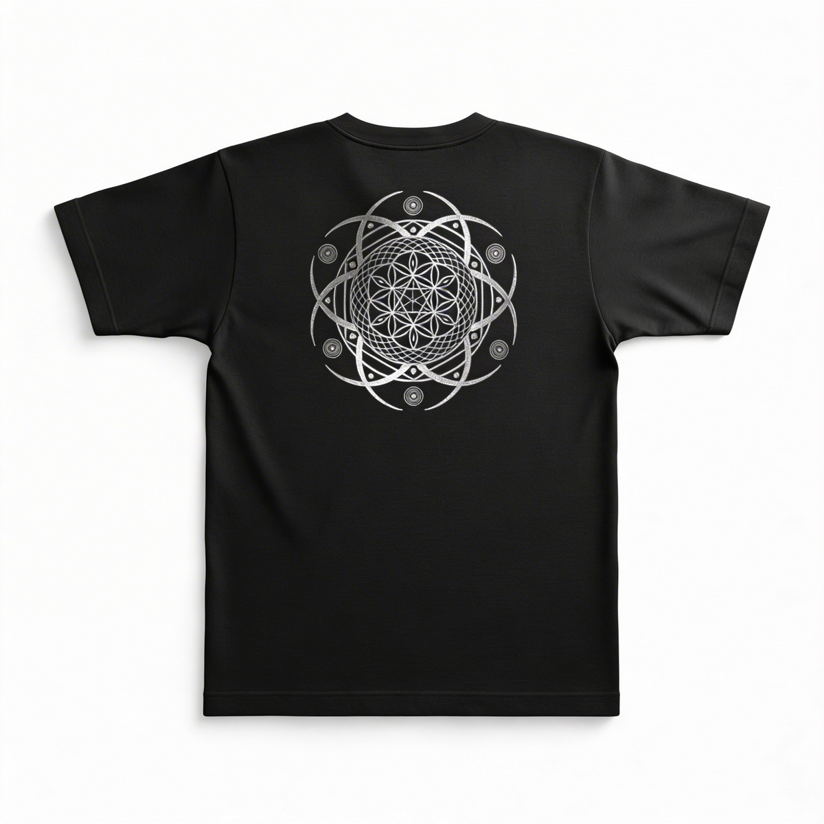Black t-shirt with a silver geometric design on a white background