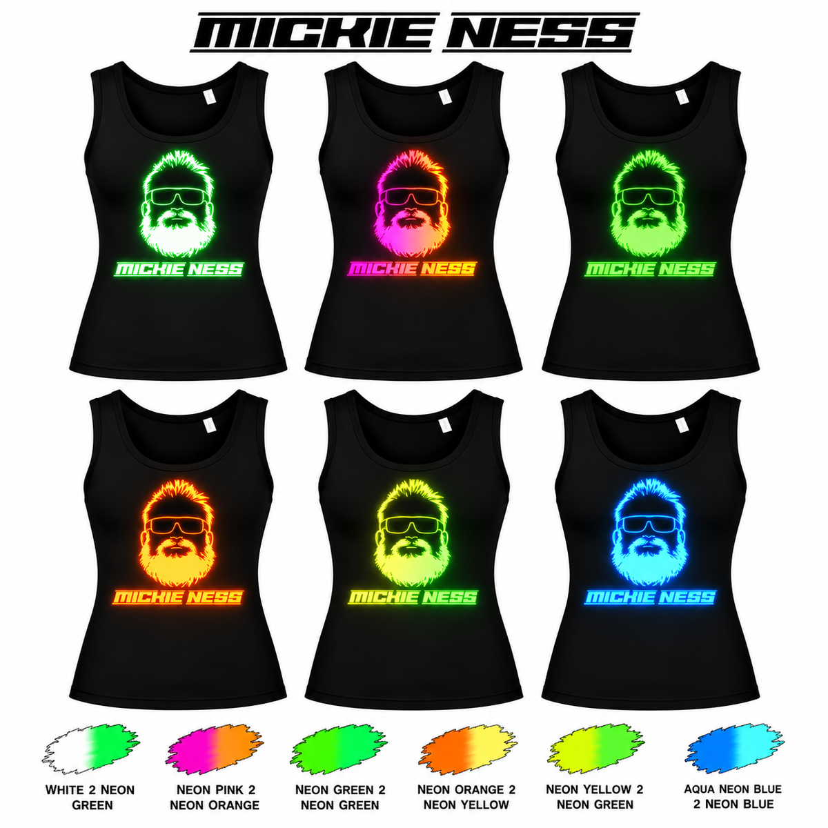 Mickie Ness Branded Ladies Vest - Colour-Shift: Neon Daylight, Glow in Dark and UV