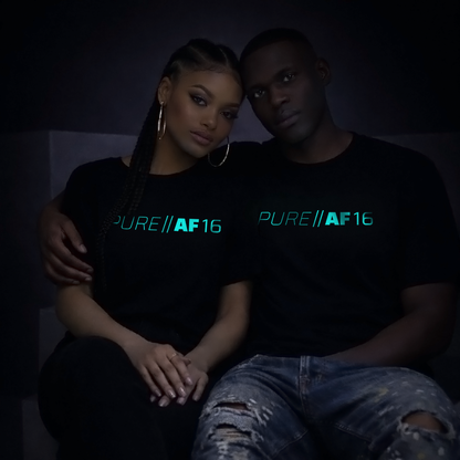 Two people wearing black t-shirts with 'PURE||AF16' blue glow printed vinyl.