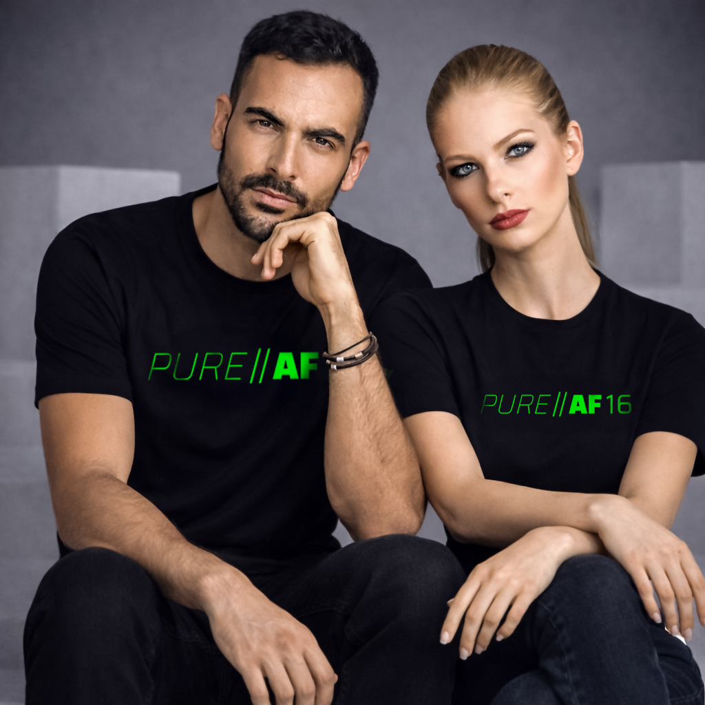 Two people wearing black t-shirts with 'PURE||AF16' green glow printed vinyl.