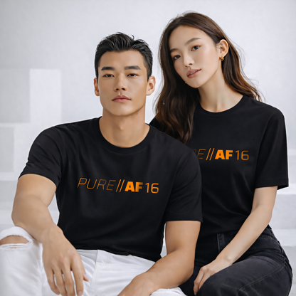 Two people wearing black t-shirts with 'PURE||AF16' orange glow printed vinyl.