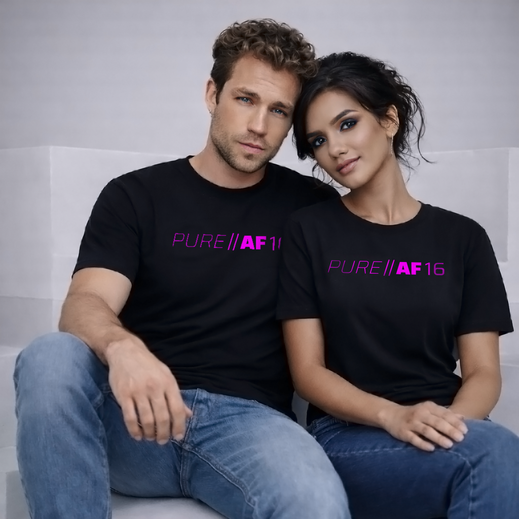 Two people wearing black t-shirts with 'PURE||AF16' pink glow printed vinyl.