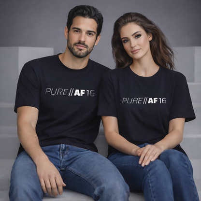 Two people wearing black t-shirts with 'PURE||AF16' white glow printed vinyl.