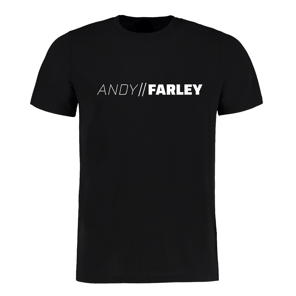 Black t-shirt with 'ANDY FARLEY' white vinyl printed logo