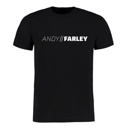 Black t-shirt with 'ANDY FARLEY' white vinyl printed logo