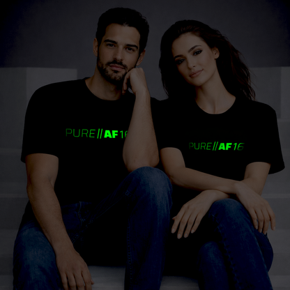 Two people wearing black t-shirts with 'PURE||AF16' green glow printed vinyl.