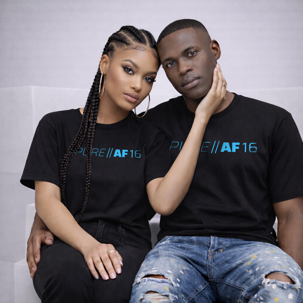 Two people wearing black t-shirts with 'PURE||AF16' blue glow printed vinyl.