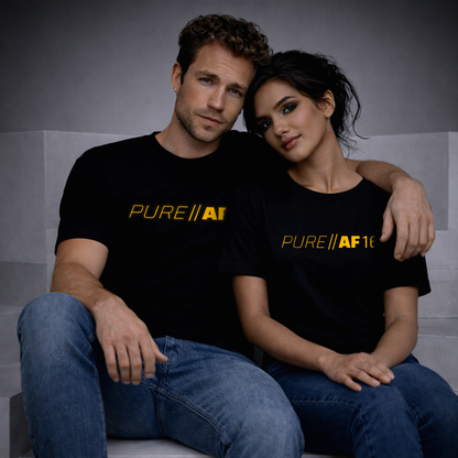 Two people wearing black t-shirts with 'PURE||AF16' yellow glow printed vinyl.
