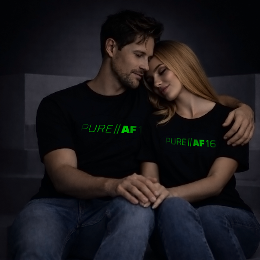 Two people wearing black t-shirts with 'PURE||AF16' green glow printed vinyl.