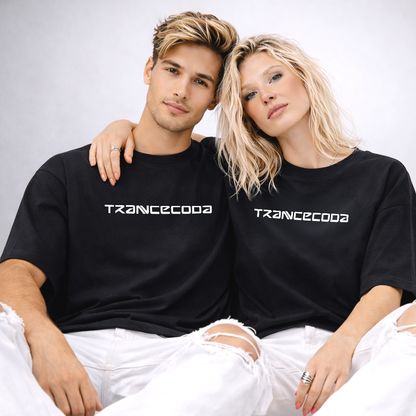Two people wearing black t-shirts with 'TRANCECODE' white vinyl printed logo