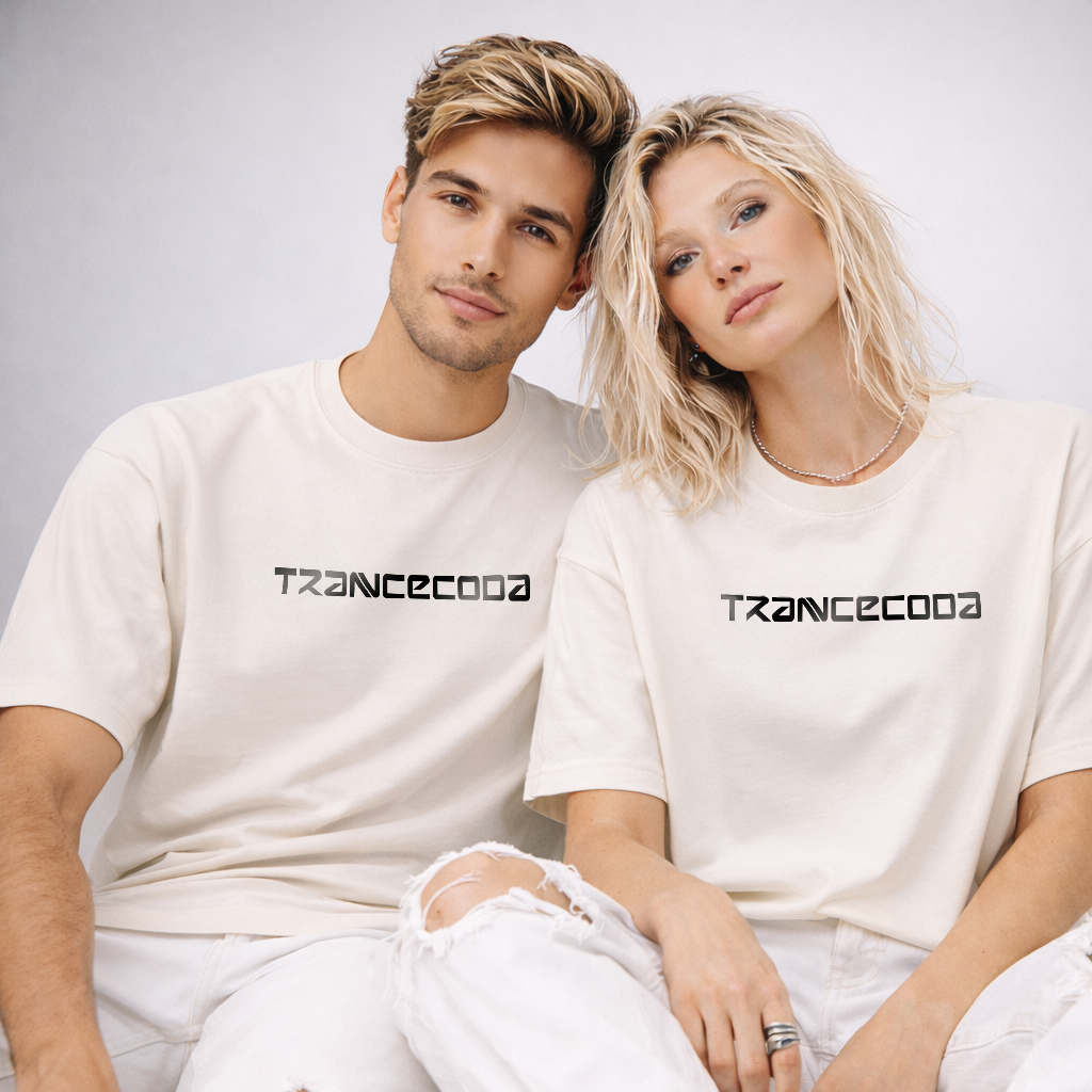 Two people wearing white t-shirts with 'TRANCECOOA' black vinyl printed logo