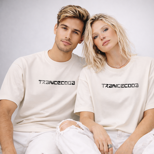 Two people wearing white t-shirts with 'TRANCECOOA' black vinyl printed logo