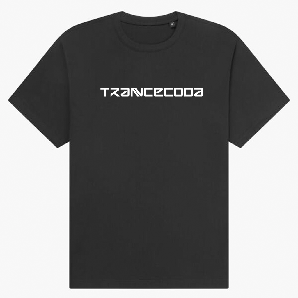 Black t-shirt with 'TRANCECODA' white vinyl print