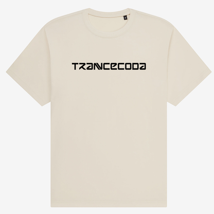 Chalk t-shirt with 'TRANCECODA' black vinyl print.