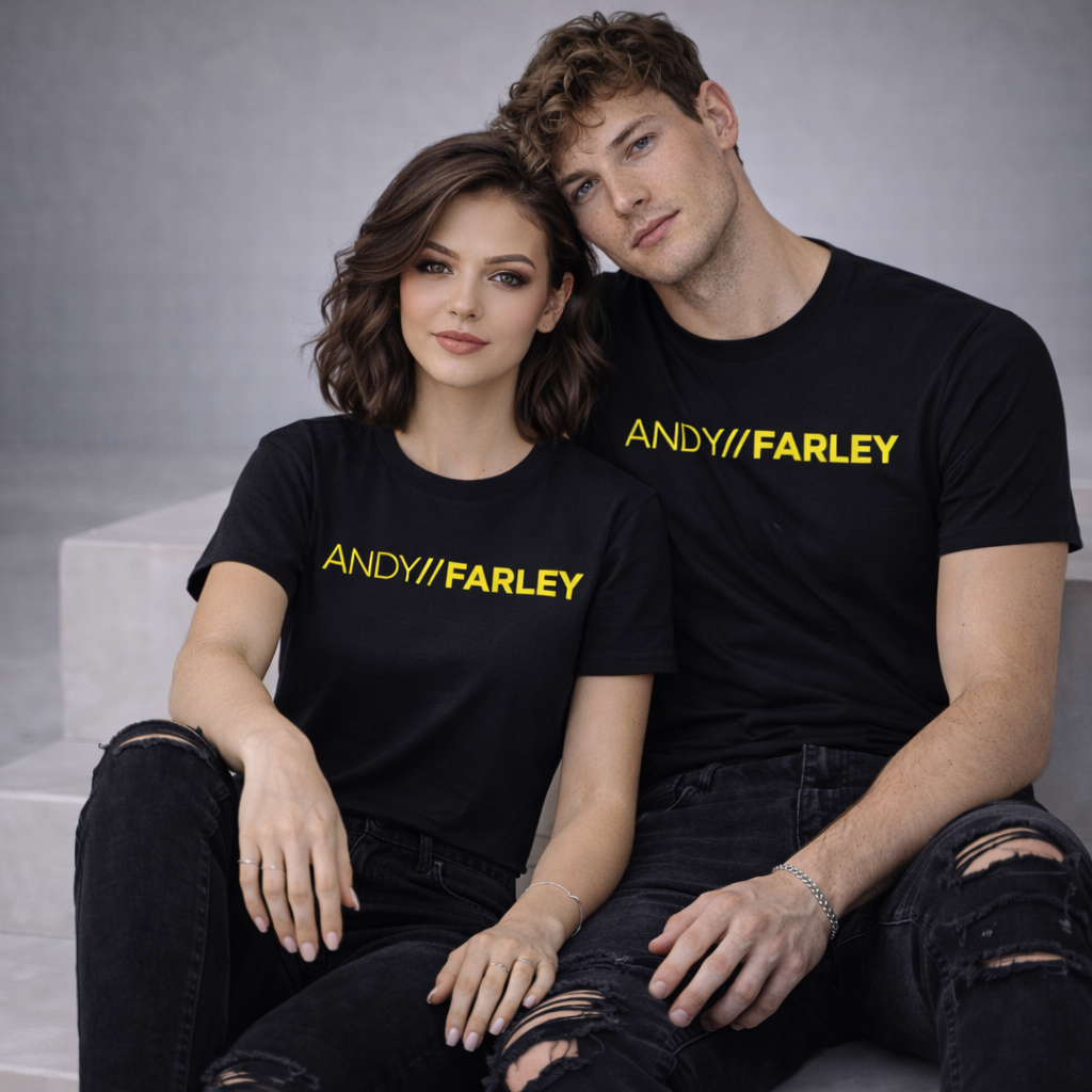 Two people wearing black t-shirts with 'ANDY//FARLEY' yellow vinyl printed logo