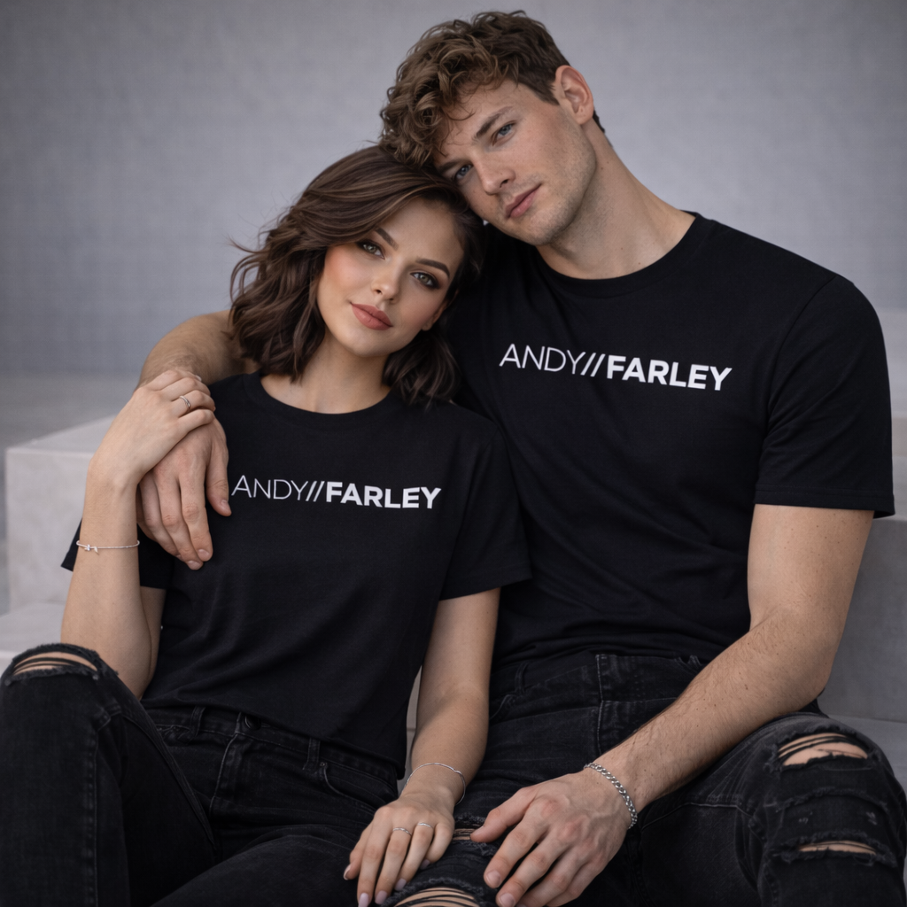 Two people wearing black t-shirts with 'ANDY/FARLEY' white printed logo