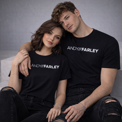 Two people wearing black t-shirts with 'ANDY/FARLEY' white printed logo