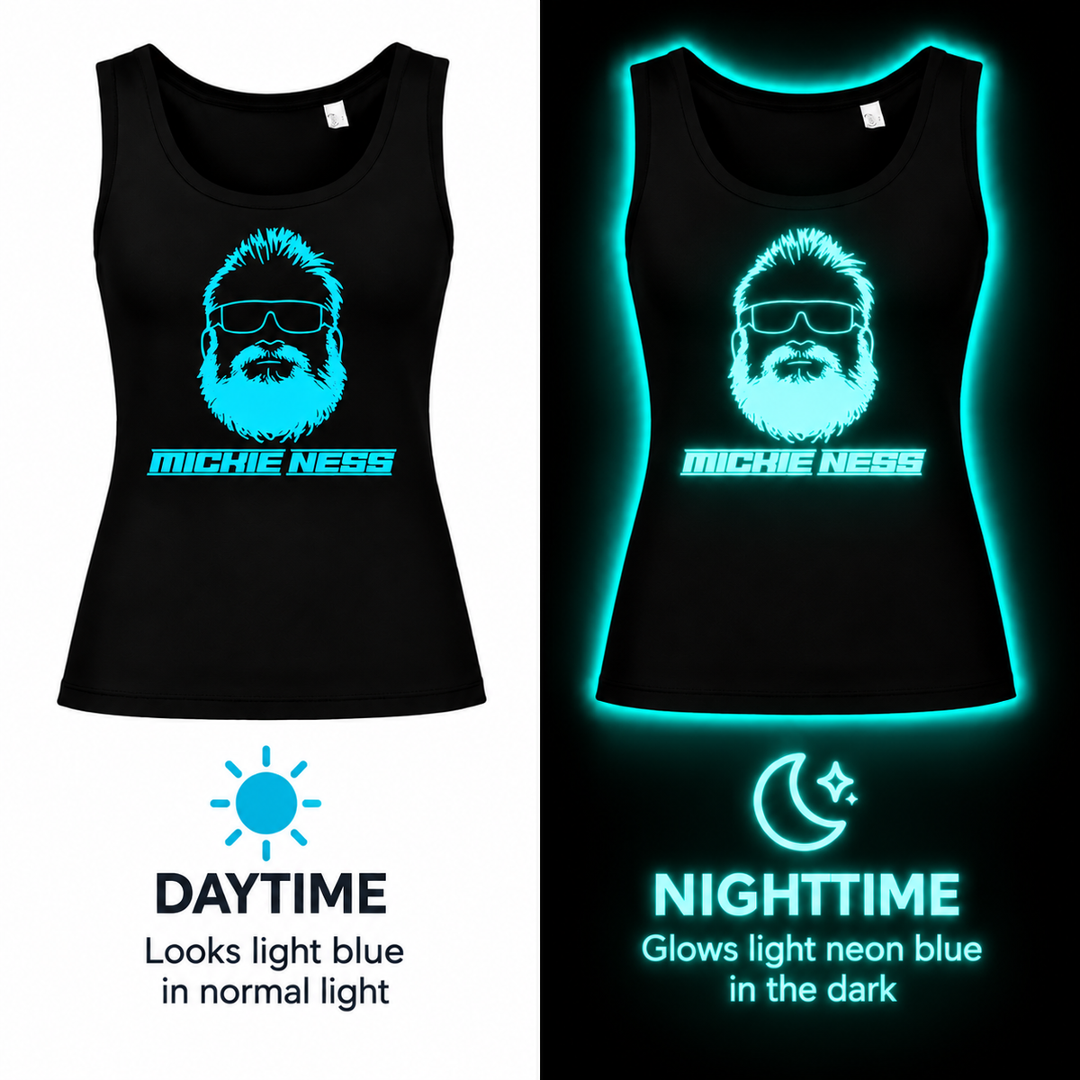 Mickie Ness Branded Ladies Vest - Colour-Shift: Neon Daylight, Glow in Dark and UV