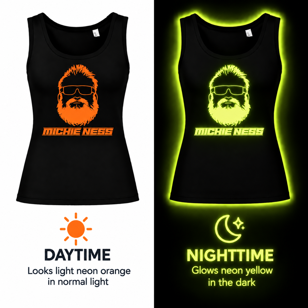 Mickie Ness Branded Ladies Vest - Colour-Shift: Neon Daylight, Glow in Dark and UV