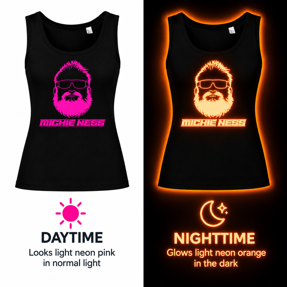 Mickie Ness Branded Ladies Vest - Colour-Shift: Neon Daylight, Glow in Dark and UV