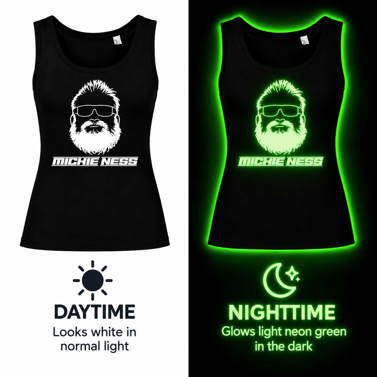 Mickie Ness Branded Ladies Vest - Colour-Shift: Neon Daylight, Glow in Dark and UV