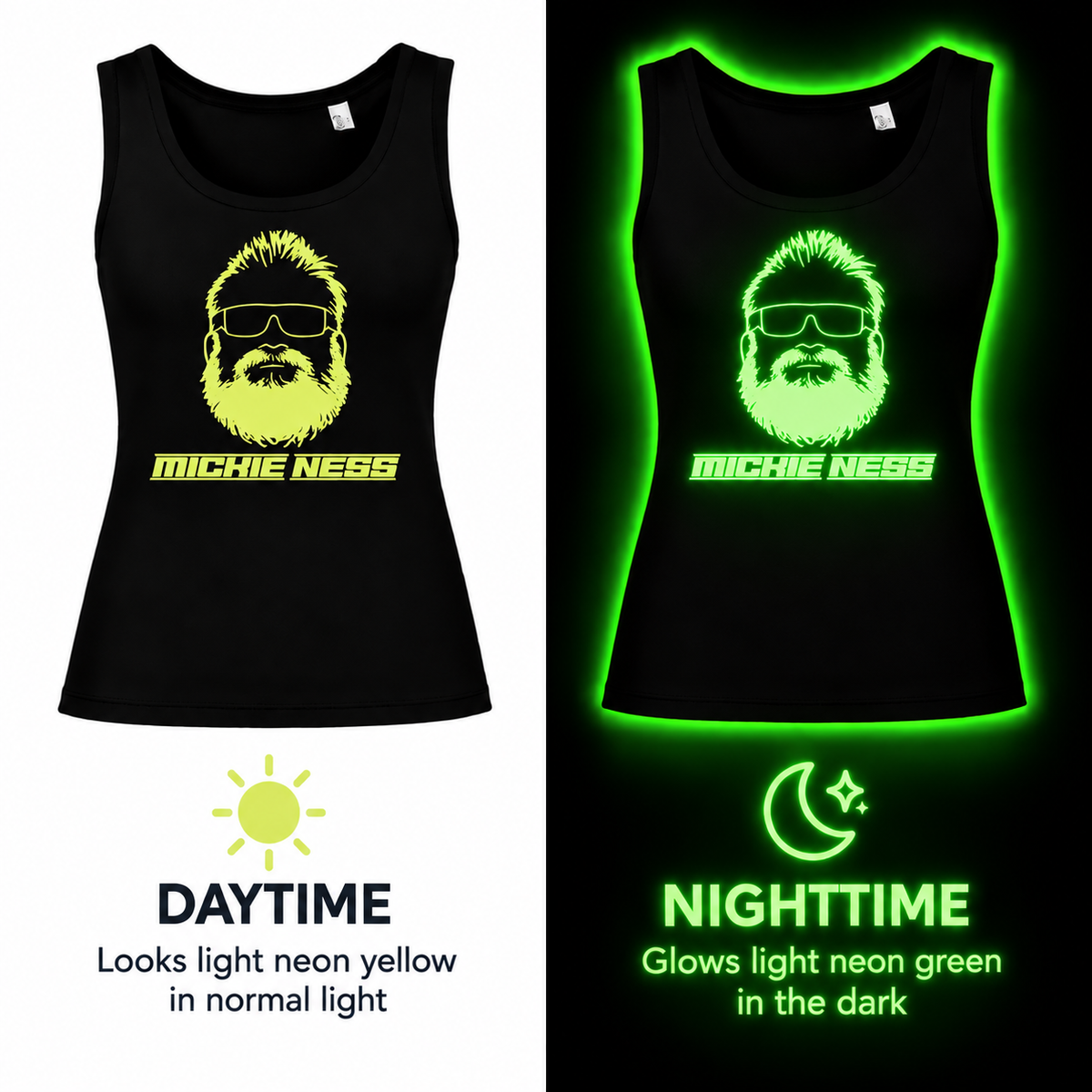 Mickie Ness Branded Ladies Vest - Colour-Shift: Neon Daylight, Glow in Dark and UV