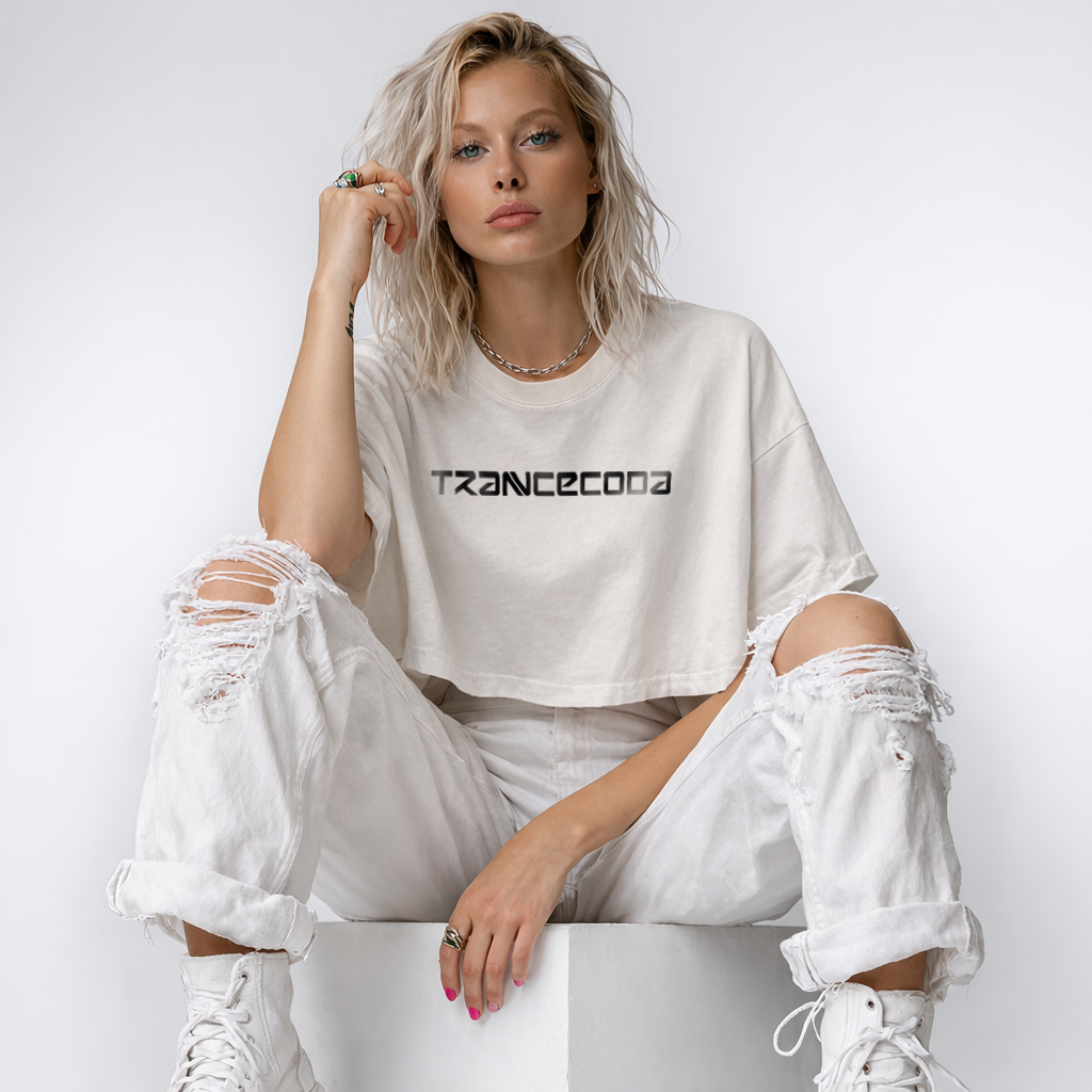 Women wearing a vintage white crop t-shirt 'TRANCEDODA' black vinyl printed logo