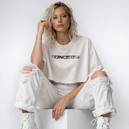 Women wearing a vintage white crop t-shirt 'TRANCEDODA' black vinyl printed logo